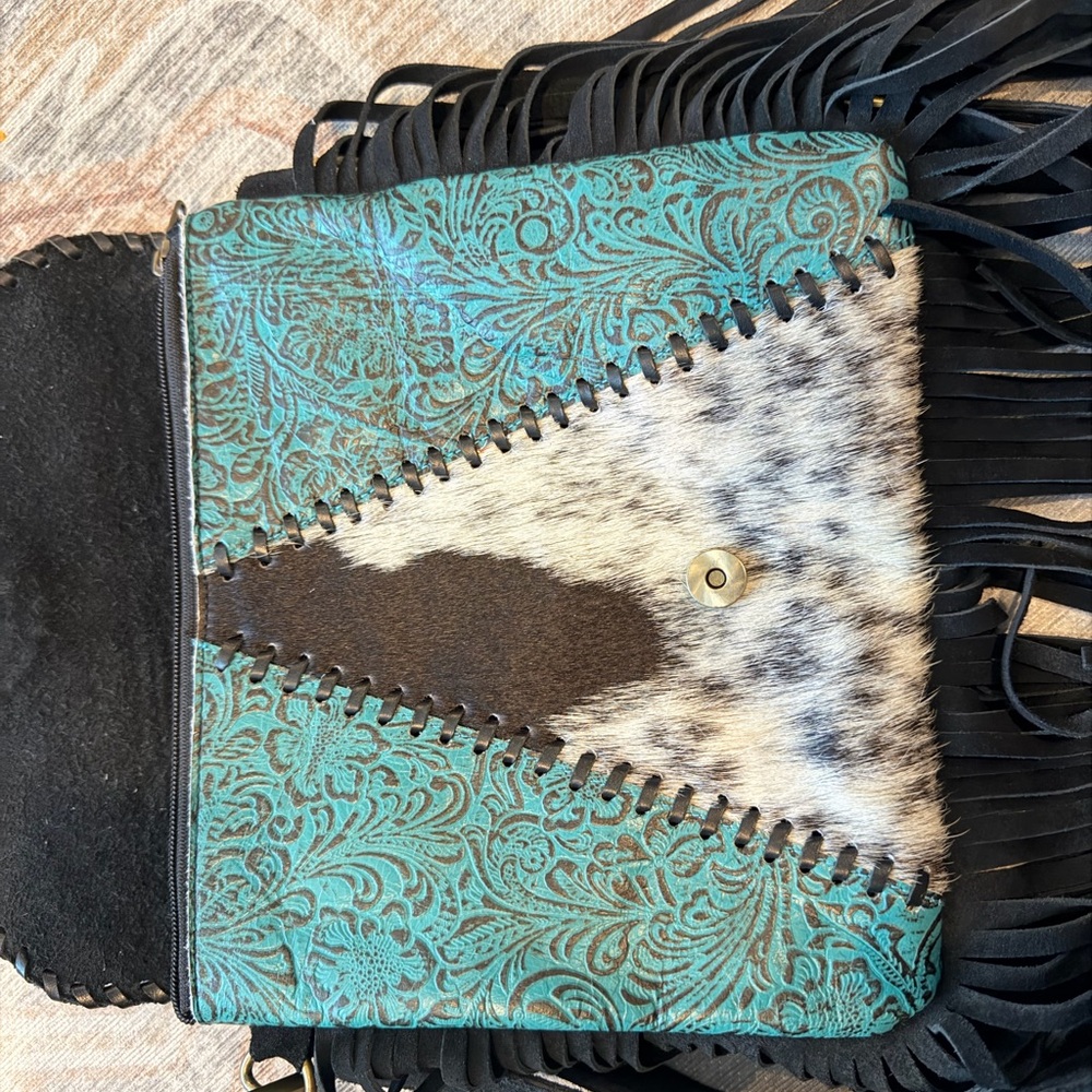 Turquoise Accent Cowhide Tooled Fringe Crossbody Bag - Picture 8 of 9